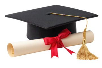 A celebratory graduation cap and diploma tied with a vibrant red ribbon, symbolizing academic achievement and future success against a clean white background.