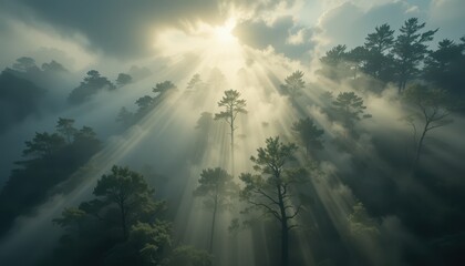 Obraz premium Ethereal Sunlight Breaking Through Misty Forest Canopy at Dawn