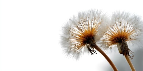 Two elegant dandelion heads stand side by side, inviting wishes and dreams against a clean white background, symbolizing hope and new beginnings.