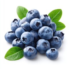 Pile of blueberries with leaves isolated on white background