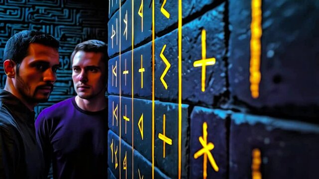 Two men with graffiti wall with rune alphabets, runic Vikings alphabets written on wall like magic being observed by man cinematic mastery thriller scene symbols intense observation