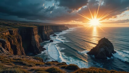 Fototapeta premium Majestic Coastal Sunset with Dramatic Cliffs and Ocean Waves
