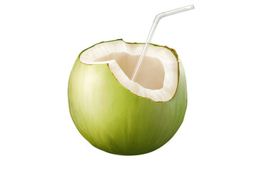 A refreshing young coconut with a straw, ready for a tropical escape on a hot summer day, against a bright white background.