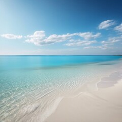 A picturesque beach with soft, white sand, surrounded by azure waters and bathed in sunlight.