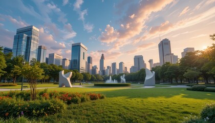 Fototapeta premium Urban Park with Modern Sculptures and City Skyline at Sunset