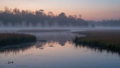 Obraz premium Serene Morning Mist Over Tranquil Waterbody at Dawn