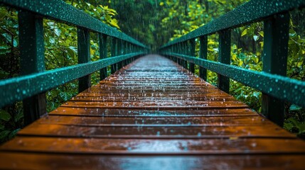 Wooden bridge in rainforest after rain.  Perspective leads into a lush green forest.  Fresh water droplets cling to the wood