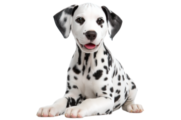 An adorable Dalmatian puppy, full of playful energy and innocent charm, sits against a bright white background, showcasing its distinctive spots and sweet expression.