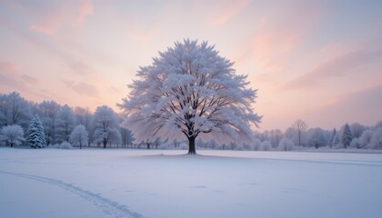 Obraz premium Majestic Snow-Covered Tree in Winter Landscape at Sunset Glow