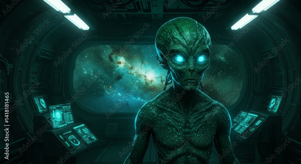 Poster alien visitor with glowing eyes in futuristic spaceship - mysterious alien with glowing eyes observe