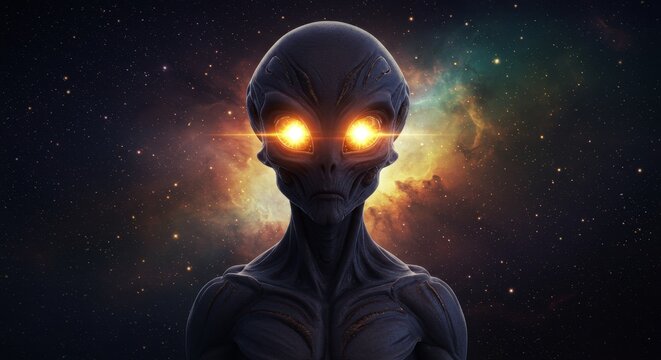 Alien Encounter: Glowing Eyes in the Cosmos - Mysterious alien with glowing eyes, advanced features, futuristic space setting, symbolizing exploration, mystery, the unknown, otherworldly intelligence