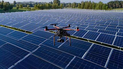 Drone Inspecting Solar Panel Farm