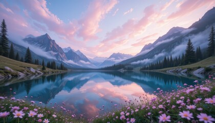 Serene Mountain Landscape with Colorful Sky and Reflective Water