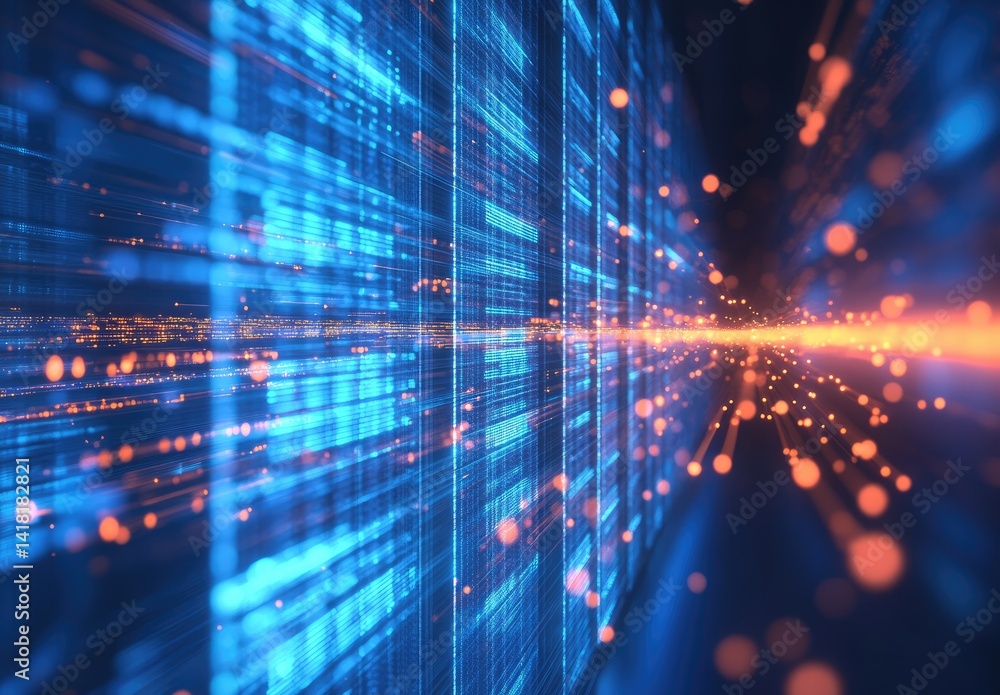 Aufkleber Dynamic digital streams of blue data and orange light dots flowing through a virtual network. Ideal for cybersecurity, blockchain, AI systems, or futuristic technology themes
