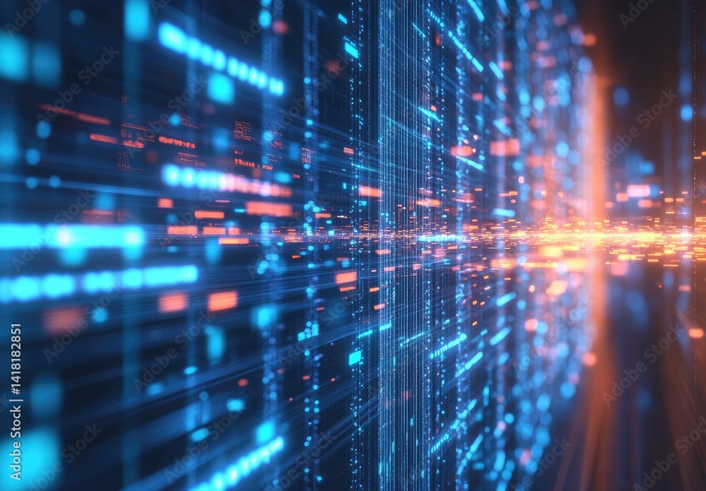 Aufkleber Glowing blue and orange data streams flow through a digital grid in a virtual environment. Ideal for blockchain, AI, cybersecurity, and big data-themed visuals