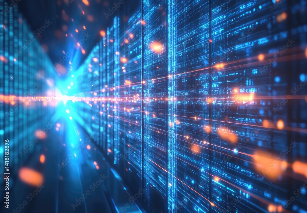 Poster Blue data streams with glowing orange lights flow through a high-tech grid in a virtual space. Great for AI systems, digital networks, cybersecurity, and futuristic tech use