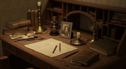 Fototapeta premium Antique Writer's Desk with Old Books and Quill Pens - A vintage wooden desk filled with antique books, quill pens, candles, and a framed portrait. Perfect for historical, writing, or artistic projects