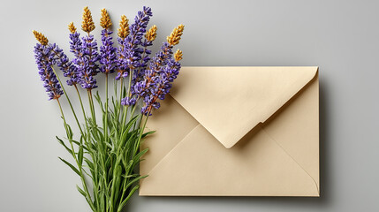 Soft white background with a beige envelope and a small bouquet of lavender stems with golden tips beside it, space for text on the right, sharp focus

