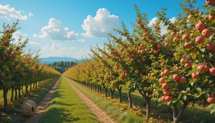 Naklejka premium Lush Apple Orchard Pathway Under Blue Sky and Fluffy Clouds
