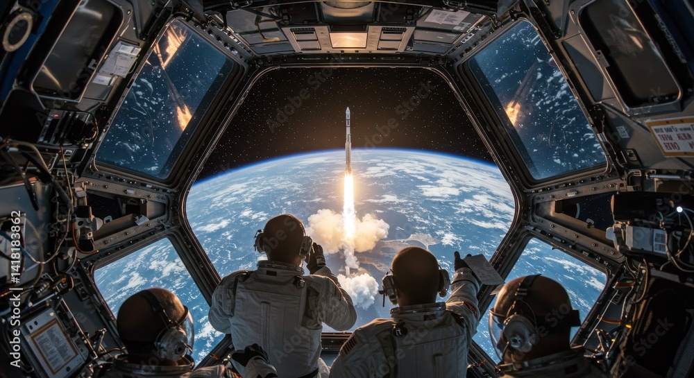Aufkleber astronauts witnessing rocket launch from space - four astronauts in a spacecraft observe a rocket la