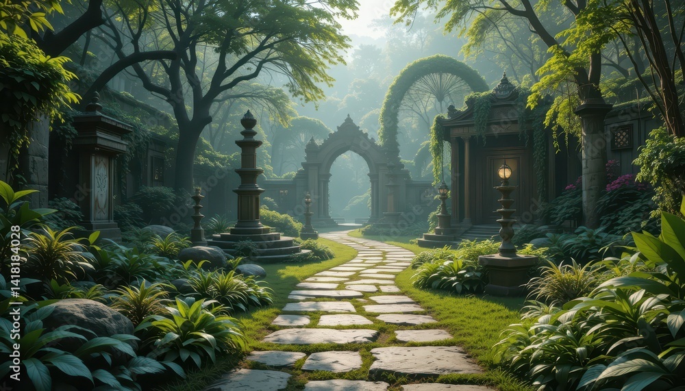 Poster tranquil path through enchanted forest with ancient architecture