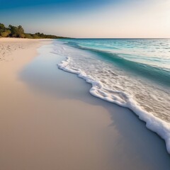 A picturesque beach with soft, white sand, surrounded by azure waters and bathed in sunlight.