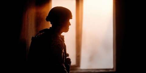 A soldier stands in profile against the backdrop of a radiant sunset, evoking themes of courage, sacrifice, and introspection in a moment of quiet reflection.