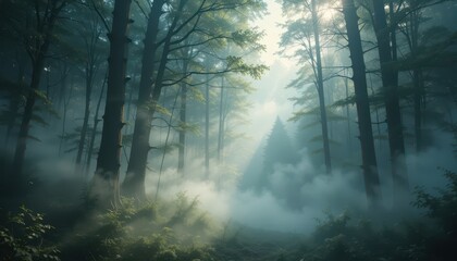 Naklejka premium Misty Forest Scene with Sunlight Filtering Through Tree Canopy