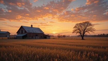 Serene Farm Landscape at Sunrise with Golden Sky and Silhouetted Barn