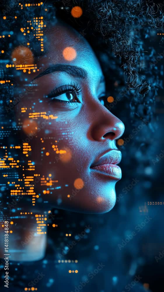 Aufkleber a digital portrait of woman illuminated with futuristic technology. her face is overlaid with floati