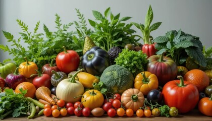 Fresh and Colorful Assortment of Organic Vegetables and Herbs Display