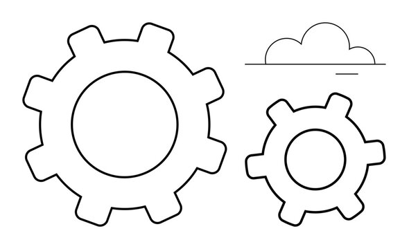 Two outlined gears of different sizes convey collaboration, machinery, or industrial themes. A minimalist cloud element references data, innovation, scalability. Ideal for teamwork, cloud technology