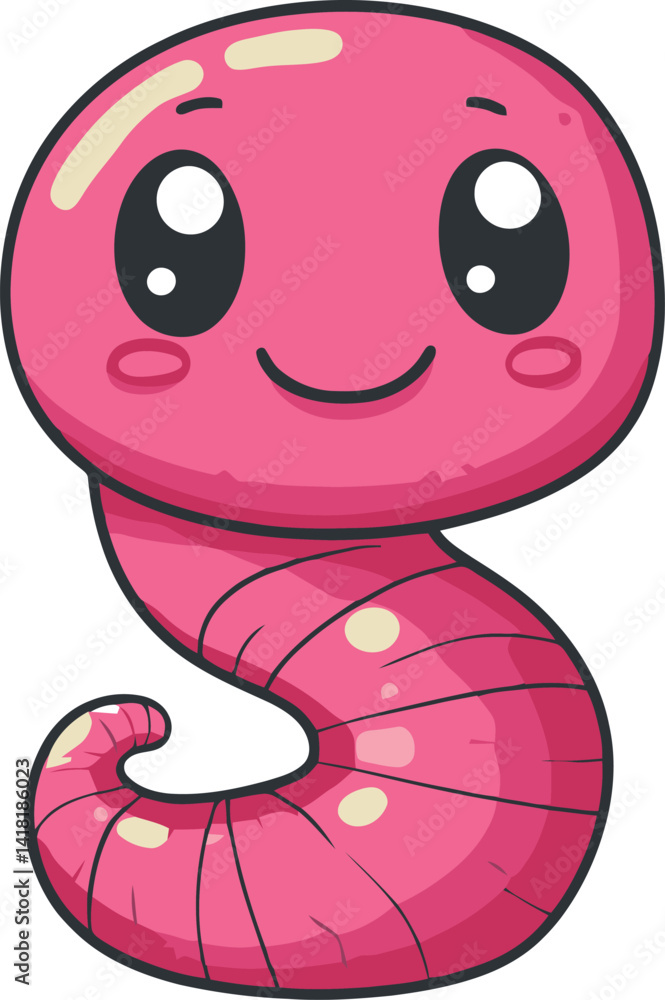 Poster cute pink worm character with a cheerful expression in a vector style design for fun illustrations