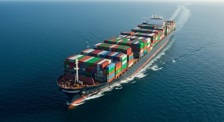 Fototapeta premium Cargo Ship Ocean Freight Transportation - A large container ship sails across the deep blue ocean, carrying numerous cargo containers. Global trade and maritime shipping