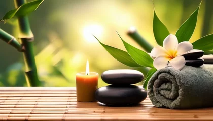 Papier peint photo autocollant Zen Hot stones towel bamboo and candle  © Benjamin