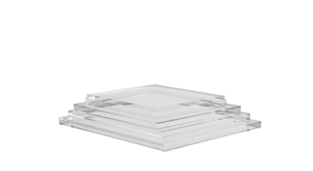 A low angle shot of a stack of square translucent blocks against a black background space above it on transparent background