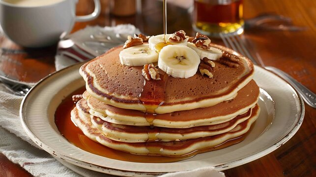 Triple stacked American pancakes banana slices walnuts and maple syrup on breakfast table - Powered by Adobe