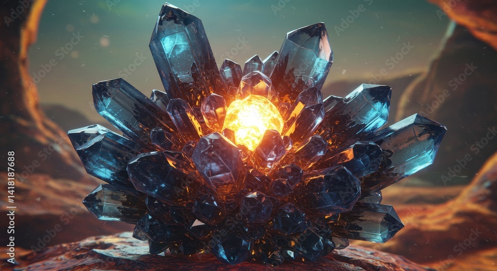 Poster clustered fantasy gemstones on alien planet - a glowing orange orb nestled within a cluster of dark 