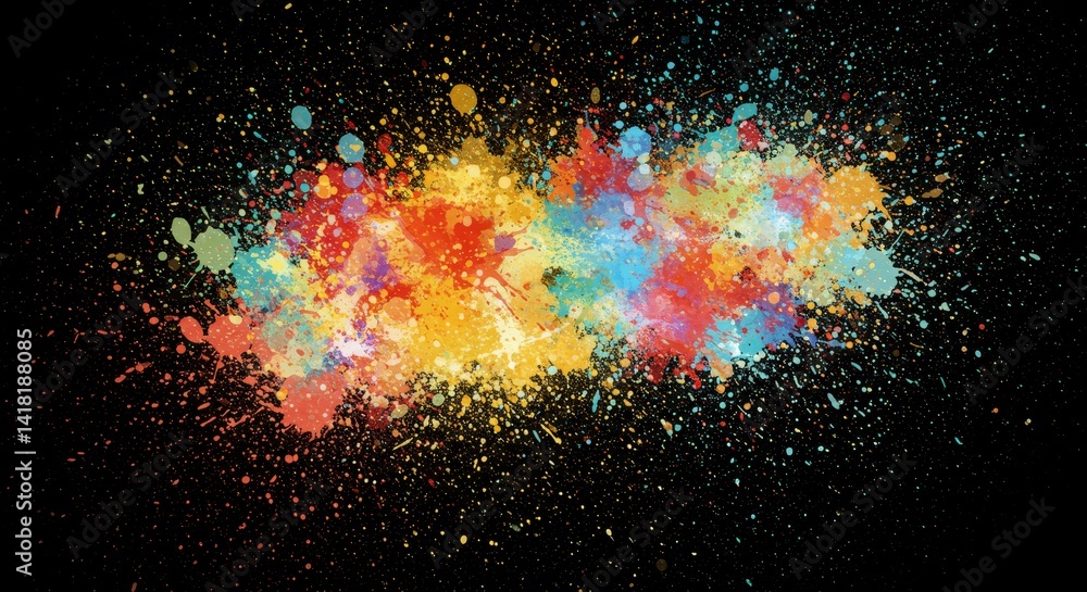 Poster colorful paint splatter explosion - vibrant multicolored paint splatters explode across a black back