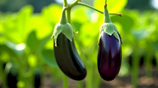 Eggplant on a branch in a vegetable garden. 