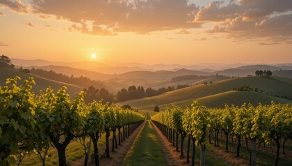 Naklejka premium Serene Vineyard Landscape at Sunset with Rolling Hills and Clouds