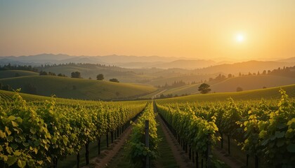 Fototapeta premium Serene Sunset Over Lush Vineyard Landscape in Rolling Hills