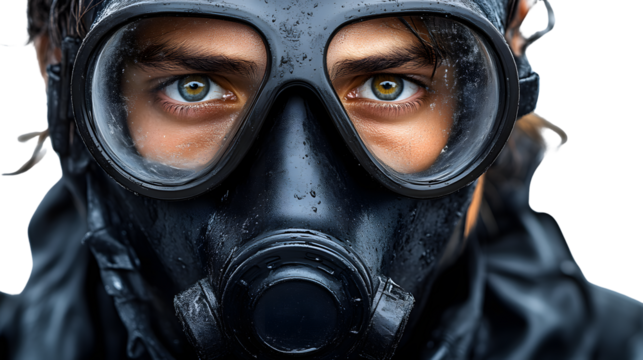 Closeup of a person wearing a respirator mask with water droplets