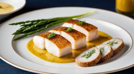 Sliced fish fillet served with a creamy mustard sauce and fresh herbs on a white plate, accompanied by green vegetables and rustic bread