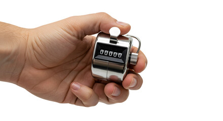 A hand holding a silver clicker counter showing zero on a black background for counting purposes tool on transparent background