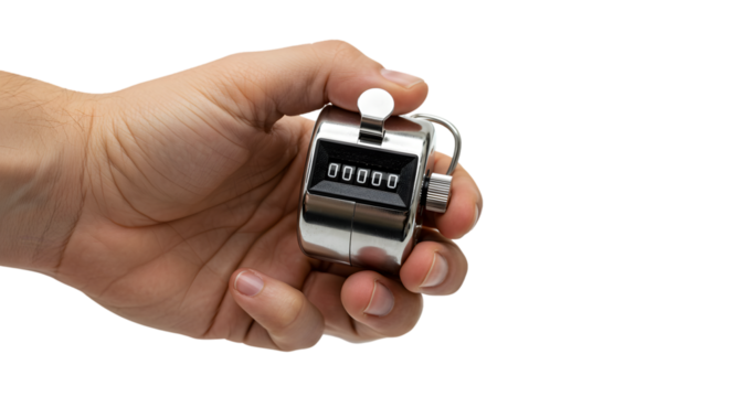 A hand holding a silver clicker counter showing zero on a black background for counting purposes tool on transparent background