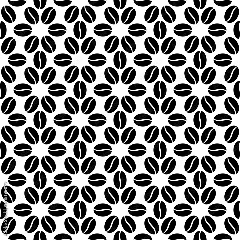 Poster coffee seamless pattern. repeating coffee bean patterns. repeated black beans isolated on white back