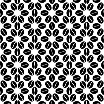 Coffee seamless pattern. Repeating coffee bean patterns. Repeated black beans isolated on white background. Geometric coffe texture. Seed for cafe. Abstract grain. Grains prints. Vector illustration