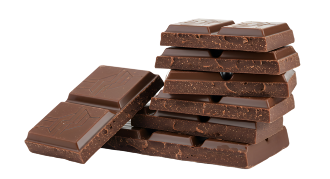 A stack of chocolate bars with a broken piece on the side against a black background in close up view on transparent background