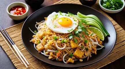 A vibrant plate of pad Thai with chicken, topped with soft-boiled eggs, bean sprouts, lime, and garnished with cilantro and green onions